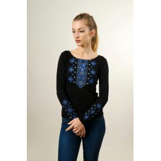 Embroidered t-shirt with long sleeves "Carpathian Ornament" blue on black